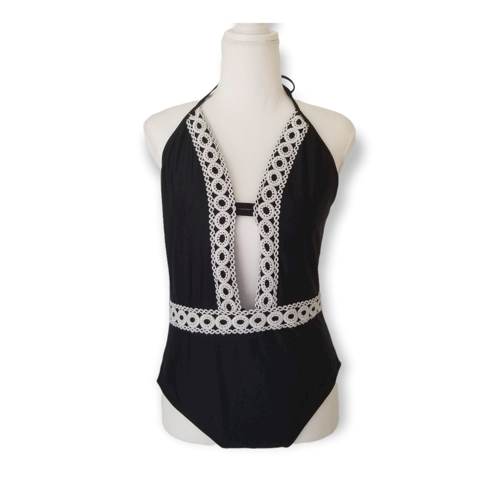 Swimwear Boho Crochet Trim Plunge one Piece - Size XL